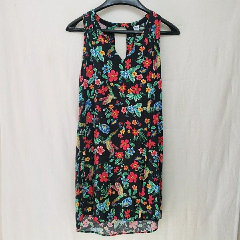 Old Navy Women's Size S Dress Black Floral Parrots Tropical Cruise Vacation